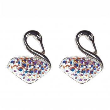 Earrings sparkly SWAN Earposts 16mm, CRYSTAL AB Stailnless Steel Swarovski Crystals